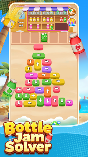 A Bottle Jam Solver puzzle with colourful bottles and obstacles